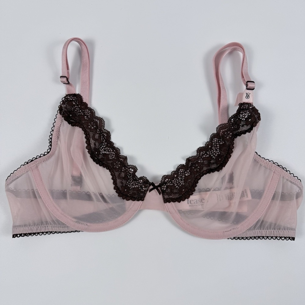 Victoria's Secret Tease Unlined Demi‎ Bra Pink Sheer Mesh Brown Lace S. 32C NWT